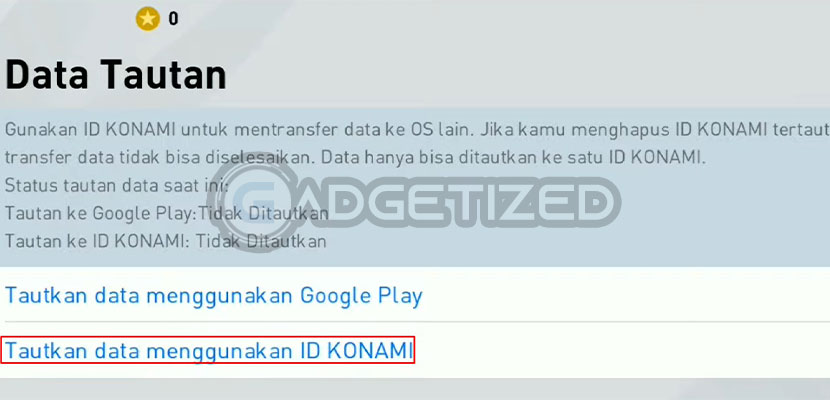 Klik Tautkan Data Menggunakan ID Konami