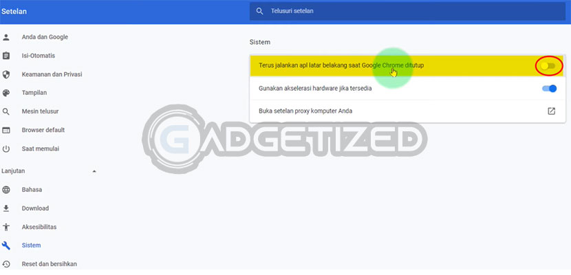 Nonaktifkan Fitur "Menjalankan aplikasi latar belakang saat Google Chrome ditutup"
